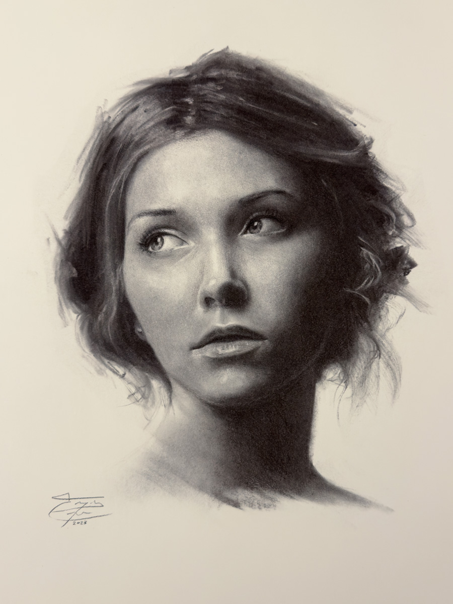 Contemplation - Original charcoal portrait by Enrique Cordero