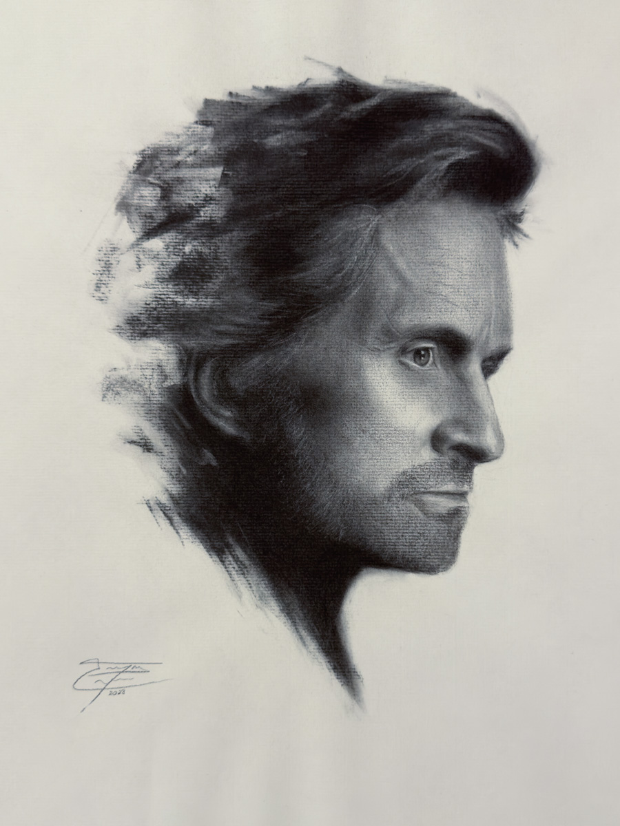 Charcoal portrait of Michael Douglas by Enrique Cordero